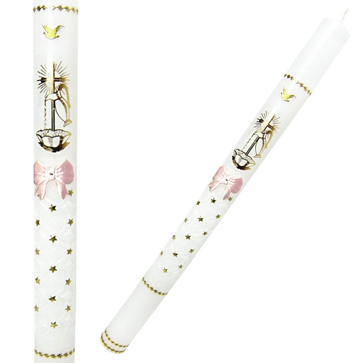 Candle Botez, QUO VADIS, roza, 40,5x3cm, cu decoruri aurii si fundita roz