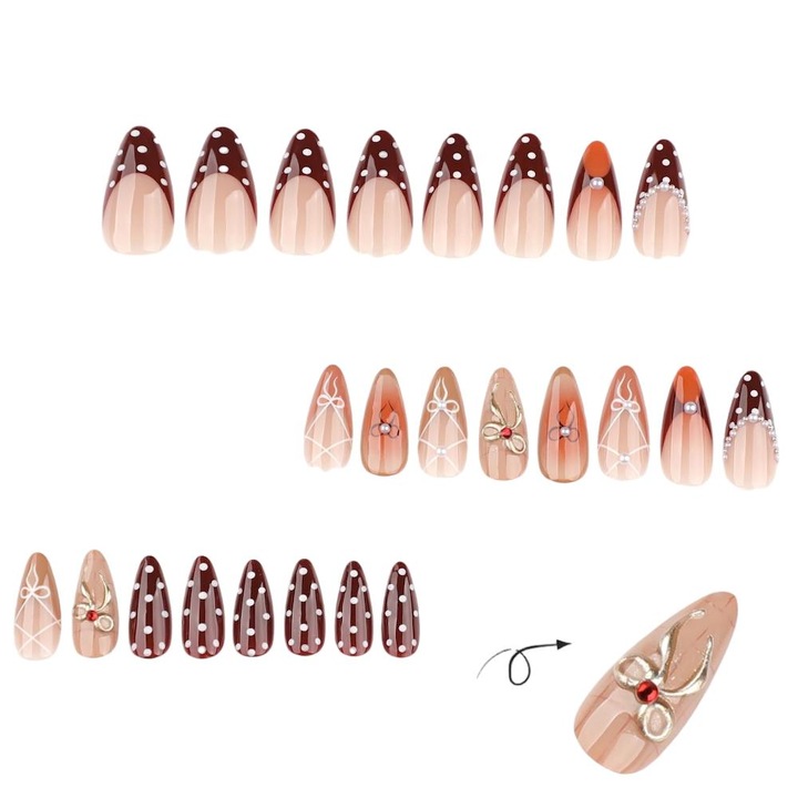 Műköröm masnival és pöttyökkel, mandula forma, 24 darab, sötétbarna