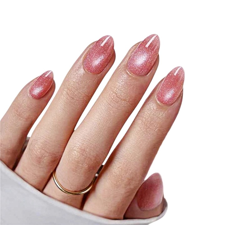 Set unghii false, forma migdala, finisaj stralucitor, 24 bucati, roz aprins