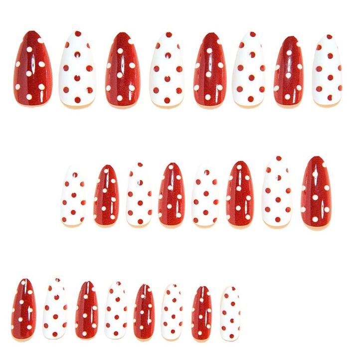 Set unghii false, Retro cu buline, 24 bucati, alb rosu, forma migdala