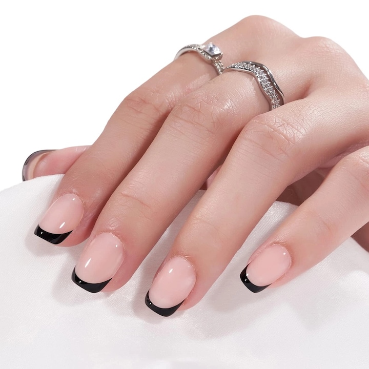 Minimalist French Tip Press On Nails, Square Shape, 24 Pieces, Negru mat