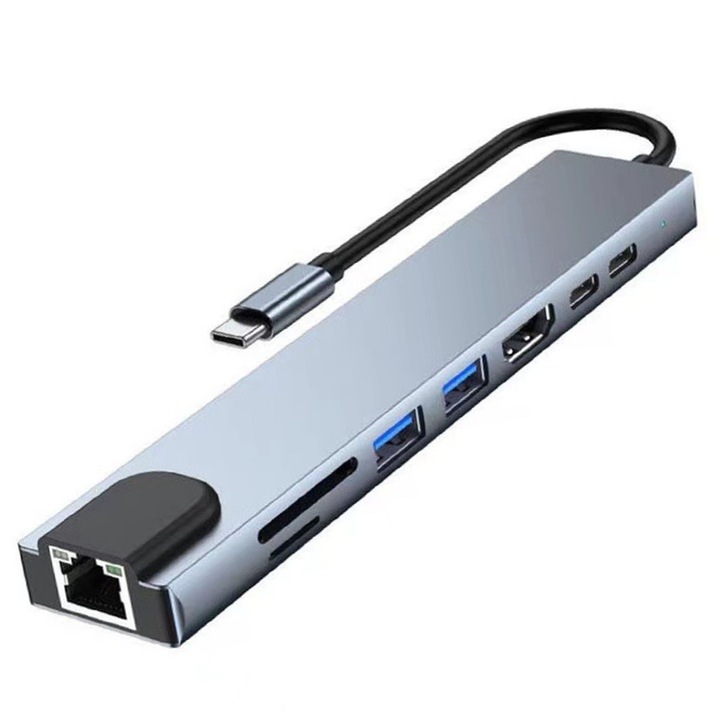 Adaptor Hub Multifunctional USB-C 8 in 1, suporta HDMI 4K, Ethernet 1000Mbps, 2×USB3.0, Type-C2.0, cititor de carduri SD/TF (nu poate citi simultan), incarcare rapida PD 100W, carcasa din aluminiu, compatibil cu laptopuri, adaptor USB-C la USB-A 3.0