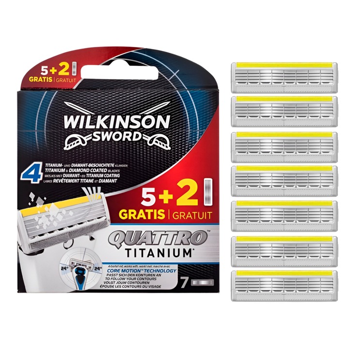 Wklady pentru masinile de ras Quattro Titanium, 7 bucati, cu banda hidratanta cu aloe si vitamine