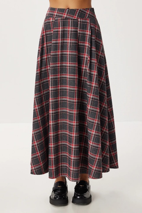 Fusta Midi Plisata, Happiness Istanbul, Talie Inalta, Gri/rosu, Textil