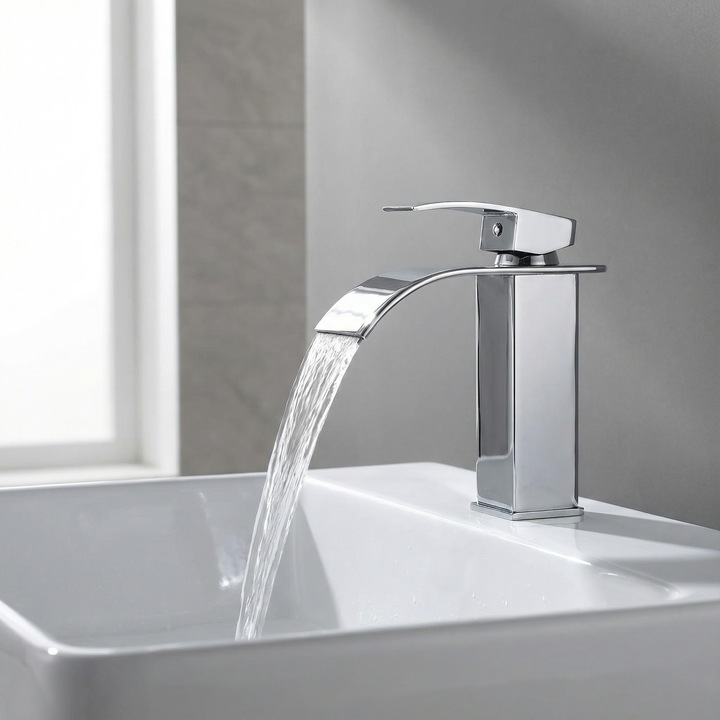 Baterie Chiuveta Baie Tip Cascada TrioStore® baterie chiuveta baie tip cascada monocomanda, baterie inox Argintiu, Burete Vileda Glitzi inclus, design minimalist modern, racorduri incluse, otel inoxidabil rezistent, protectie anticoroziune