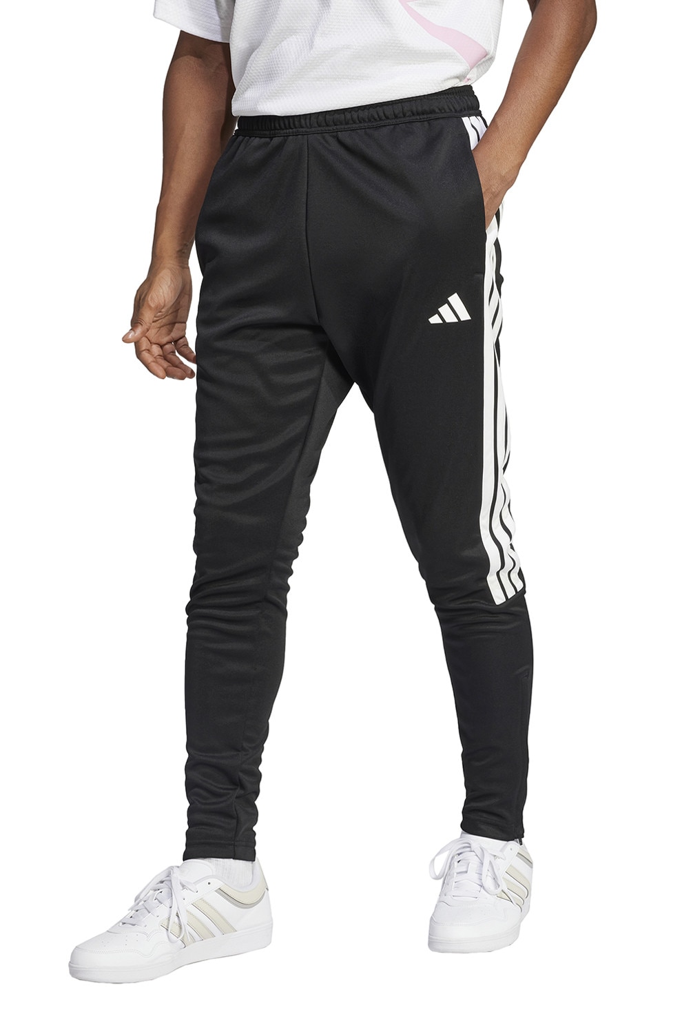 adidas Sportswear, Pantaloni slim fit de trening cu slituri cu fermoar la terminatie Tiro, Alb, Negru, M