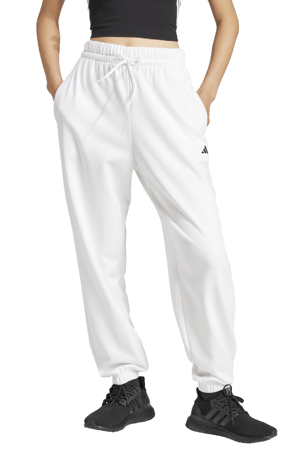 adidas Sportswear, Pantaloni de trening cu snur in talie si croiala conica, Alb optic, S