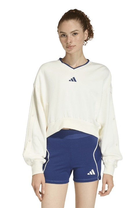 adidas Sportswear, Bluza de trening cu croiala crop si decolteu in V Stadium, Crem/Bleumarin
