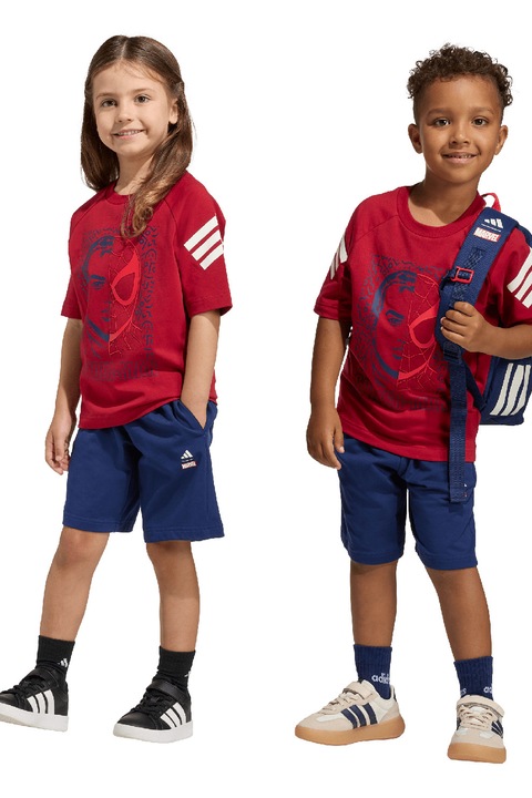 adidas Sportswear, Set de tricou si pantaloni scurti cu tematica Marvel, Rosu/Bleumarin