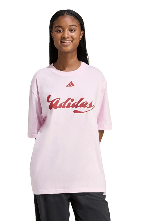 adidas Sportswear, Tricou supradimensionat din bumbac cu imprimeu logo, Rosu/Roz deschis