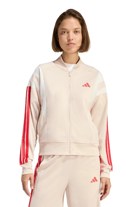 adidas Sportswear, Bluza de trening cu logo si fermoar, Bej deschis, XS