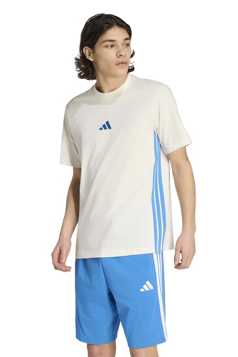 adidas Sportswear, Tricou din bumbac cu decolteu la baza gatului si logo, Alb murdar/Albastru