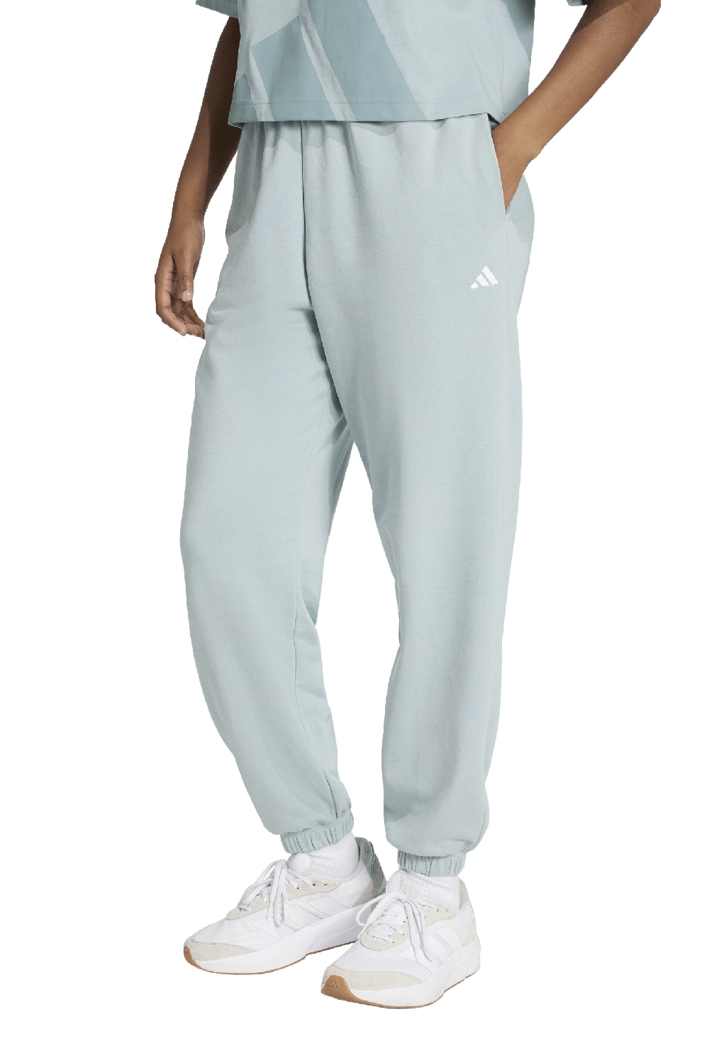 adidas Sportswear, Pantaloni de trening cu snur in talie si croiala conica, Alb, Albastru pastel, M