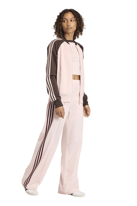 adidas Originals, Bluza de trening din amestec de bumbac cu fermoar si logo, Maro inchis/Roz pal