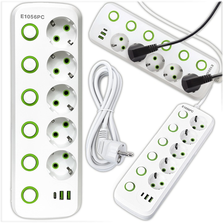 KRUMAD Hosszabbító 6 aljzat USB A és USB C porttal – 2 m kábel, egyedi kapcsolók – többszörös aljzat irodába, konyhába és nappaliba