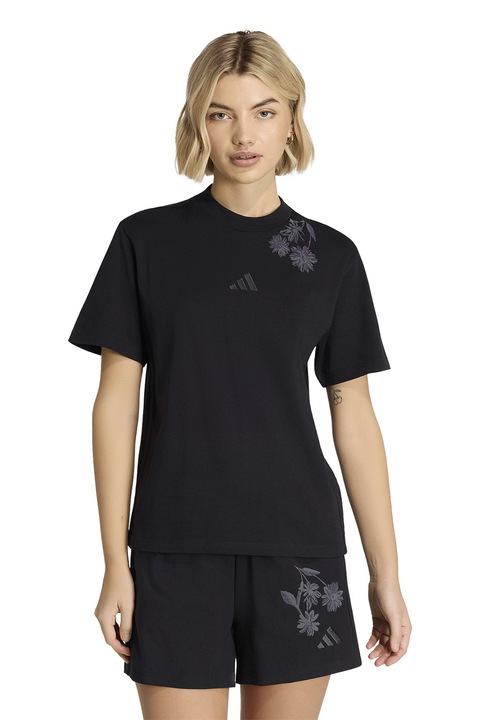 adidas Sportswear, Памучна тениска с бродирани цветя и монограм, Черен/Виолетов