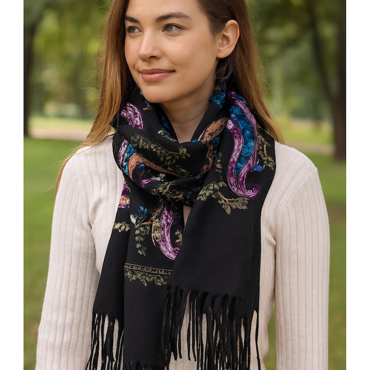 Sal dama Agrafka, negru inchis, vascoza 100%, broderie vegetala, 180x70cm