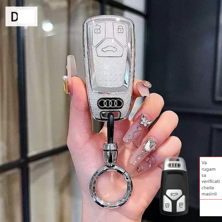 Husa pentru cheie Audi A6L, model nou, compatibila cu A4L / A3 / A5 / A7, Q2, Audi Q3 / Q5, husa auto pentru cheie cu inel, model de dama, Argintiu mat, 0214