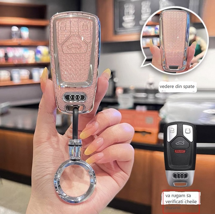 Husa pentru cheie Audi A6L, model nou, compatibila cu A4L / A3 / A5 / A7, Q2, Audi Q3 / Q5, husa auto pentru cheie cu inel, model de dama, roz deshcis, 0216