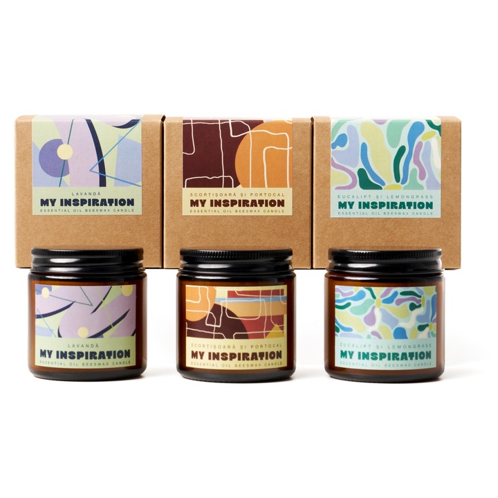 Lumanare parfumata naturala din ceara de albine cu ulei de cocos si uleiuri esentiale-SET 3 buc