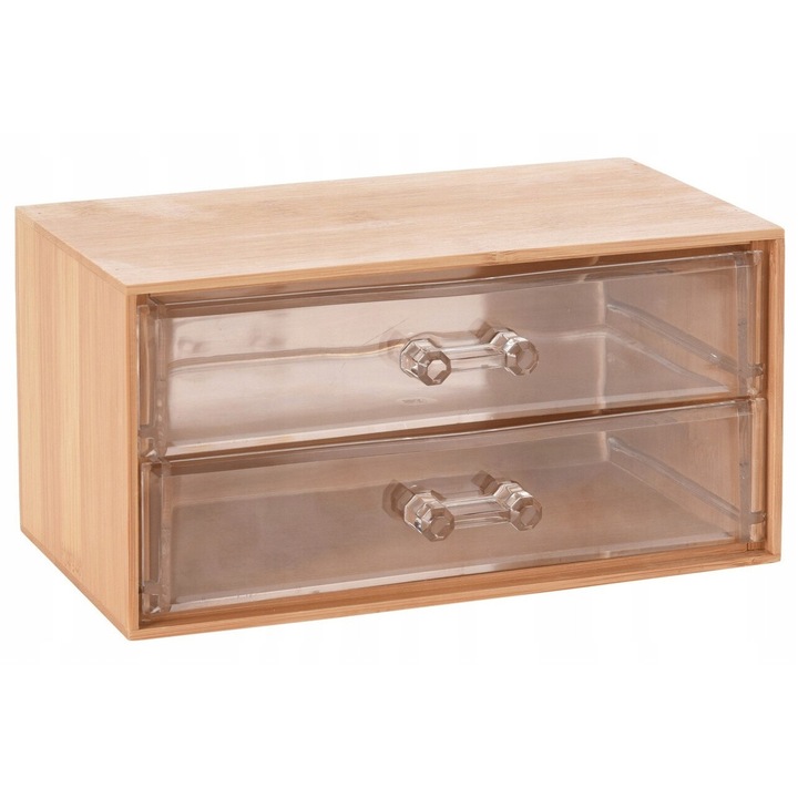Organizer baie Koopman cu 2 suflada, bambus si plastic, transparent, 18x11x9cm