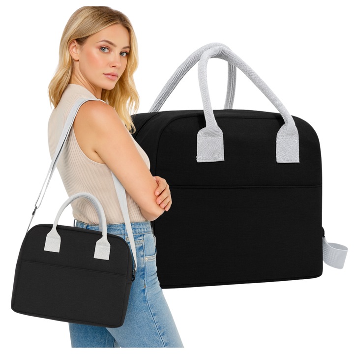 Geanta termica MARVIT cu curea pentru umar, neagra, 27x14x22cm, compartiment mare, buzunar pentru maruntisuri