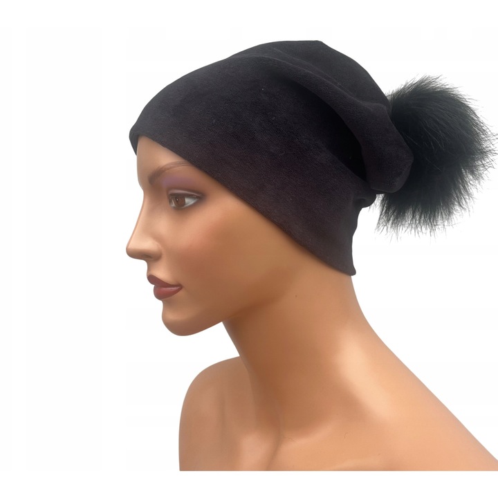 Caciula dama Eva Design, velur, neagra, cu pompon, marime universala