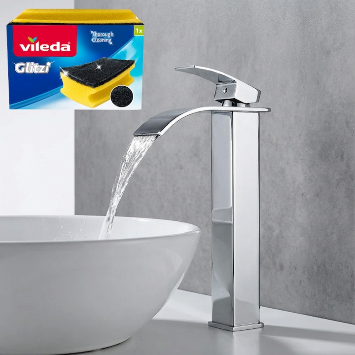 Baterie Chiuveta Baie TrioStore monocomanda tip Cascada, otel inoxidabil, argintie, 30cm, racorduri incluse, burete Vileda Glitzi cadou