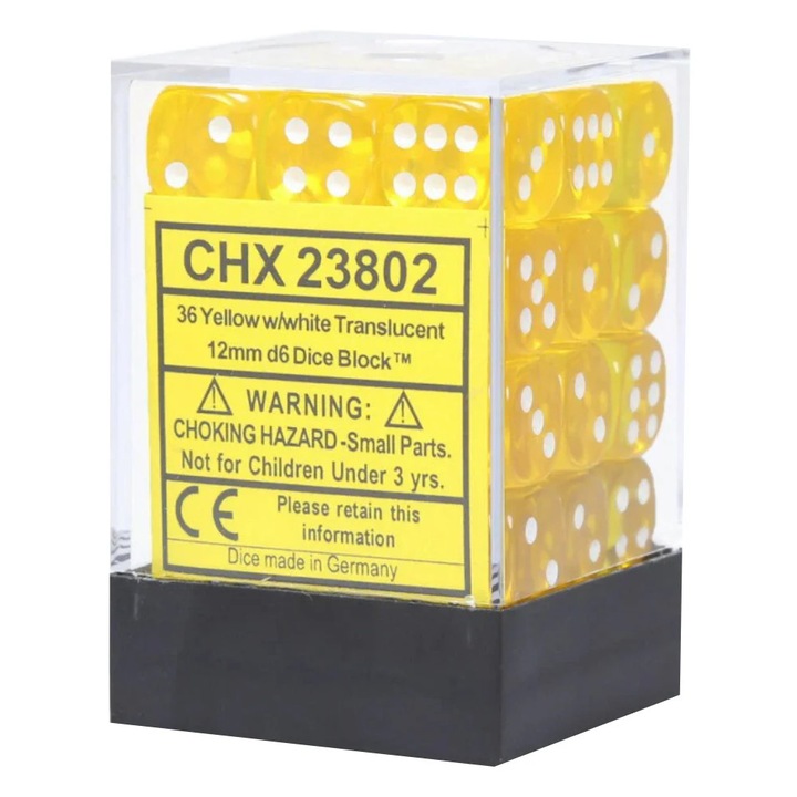 36 darabos Chessex áttetsző dobókocka készlet, 12 mm, d6 - sárga/fehér