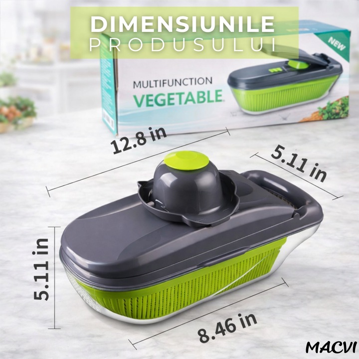 Tocator multifunctional legume MACVI 12 in 1, 8 lame interschimbabile din otel inoxidabil, recipient 1, 5 L, pentru feliere, taiere cuburi