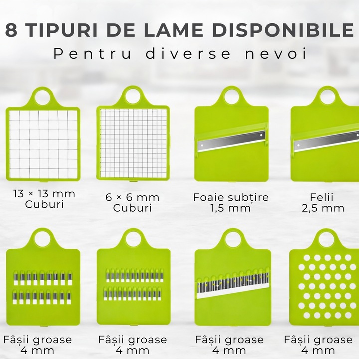 Tocator multifunctional legume MACVI 12 in 1, 8 lame interschimbabile din otel inoxidabil, recipient 1, 5 L, pentru feliere, taiere cuburi
