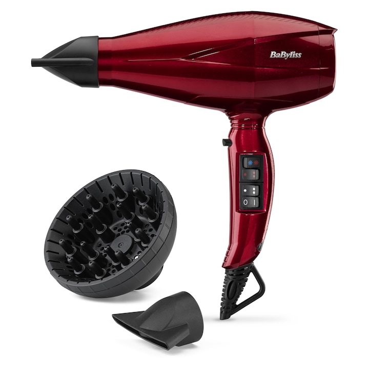 Uscator de par digital BaByliss Pro cu difuzor, Uscator de par profesional ultra-rapid cu tehnologie ionica, 2200 W, fabricat in Italia, 3 niveluri de caldura si 4 setari de flux de aer cu buton Turbo, rosu, 6001DE