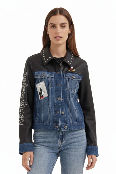 Geaca de dama Desigual, Patch Mickey, neagra, denim si piele ecologica, 2XL INTL