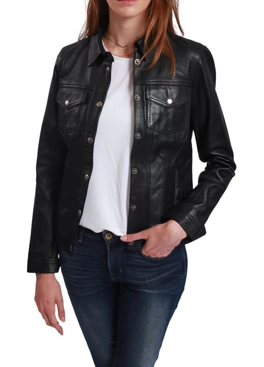 Geaca de dama Chyston, Christine, piele naturala, neagra, cu guler M, M INTL