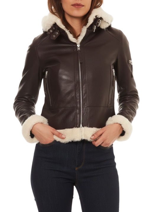 Bőrkabát, Isaco & Kawa, levehető kapucnival, szőrme, barna, 100% valódi bőr, M INTL