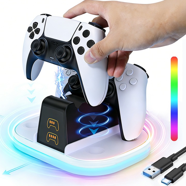 Statie incarcare controller PS5, DONFANLIA, incarcare dubla, afisaj LED, alb