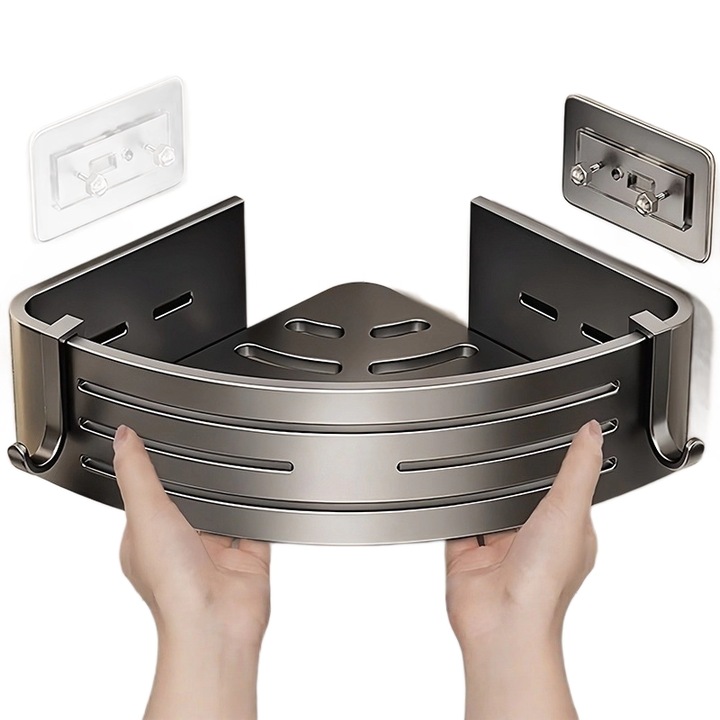 Raft triunghiular metalic gri inchis 25x25x15cm fara gauri adeziv