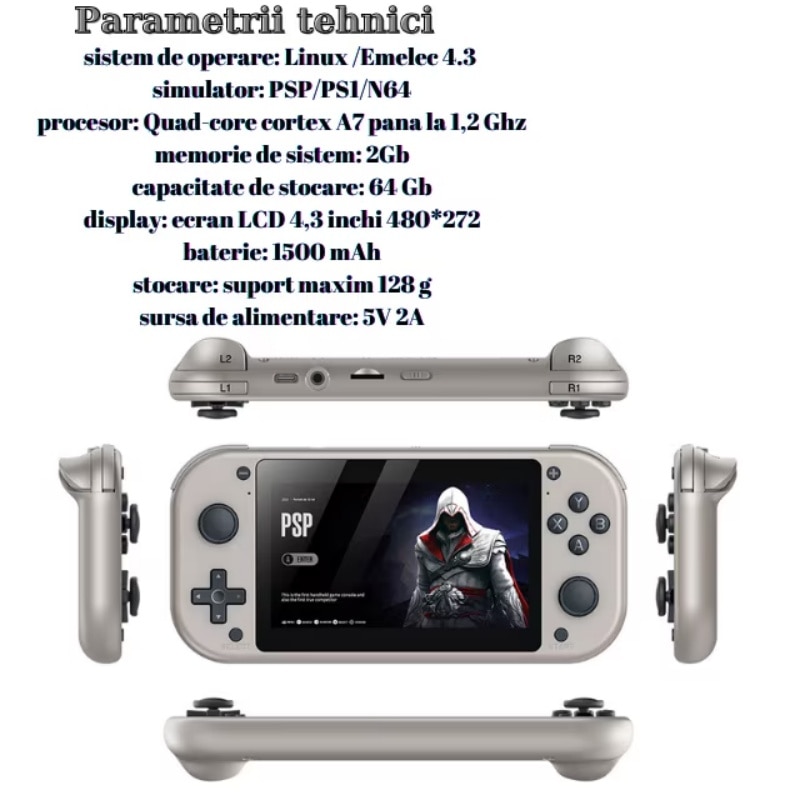 Consola de gaming portabila AjieQaQ®, cu ecran LCD 4.3" 480x272, 64GB, baterie 2000mAh, procesor quad-core Cortex-A7 1.2GHz, sistem Linux/Emelec 4.3, preinstalata cu 25,000 de jocuri clasice si 150 de jocuri PSP, suport carduri TF, port microfon, Gri