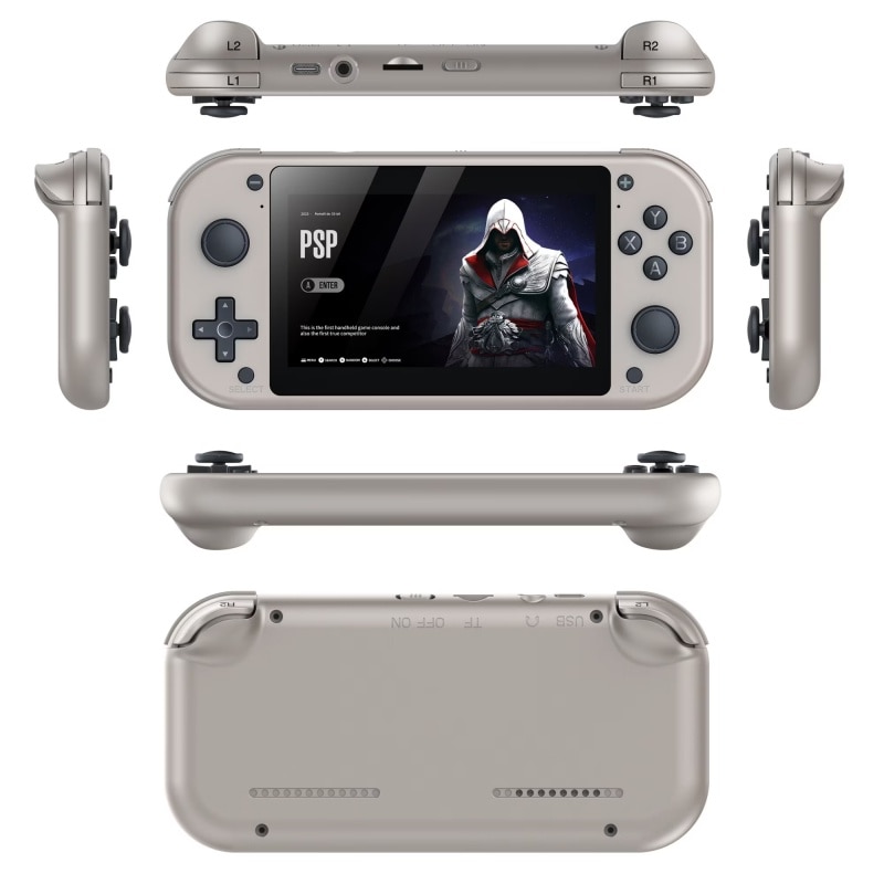 Consola de gaming portabila AjieQaQ®, cu ecran LCD 4.3" 480x272, 64GB, baterie 2000mAh, procesor quad-core Cortex-A7 1.2GHz, sistem Linux/Emelec 4.3, preinstalata cu 25,000 de jocuri clasice si 150 de jocuri PSP, suport carduri TF, port microfon, Gri