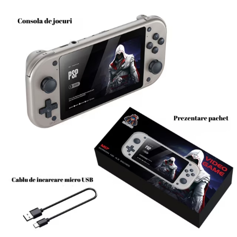 Consola de gaming portabila AjieQaQ®, cu ecran LCD 4.3" 480x272, 64GB, baterie 2000mAh, procesor quad-core Cortex-A7 1.2GHz, sistem Linux/Emelec 4.3, preinstalata cu 25,000 de jocuri clasice si 150 de jocuri PSP, suport carduri TF, port microfon, Gri