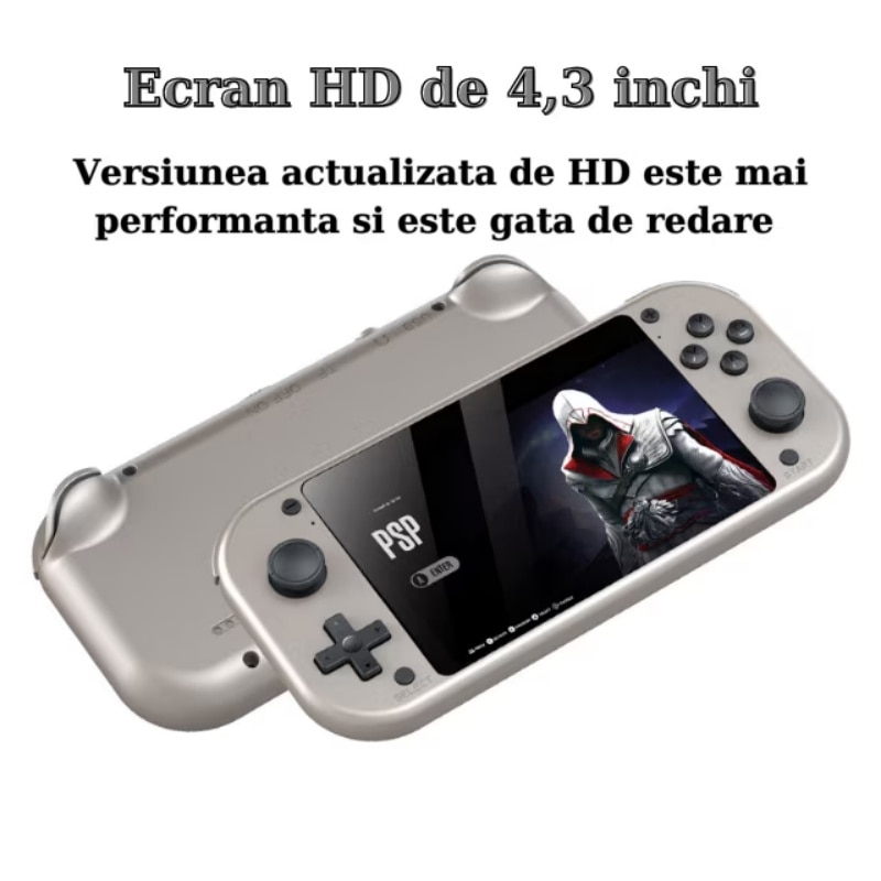 Consola de gaming portabila AjieQaQ®, cu ecran LCD 4.3" 480x272, 64GB, baterie 2000mAh, procesor quad-core Cortex-A7 1.2GHz, sistem Linux/Emelec 4.3, preinstalata cu 25,000 de jocuri clasice si 150 de jocuri PSP, suport carduri TF, port microfon, Gri