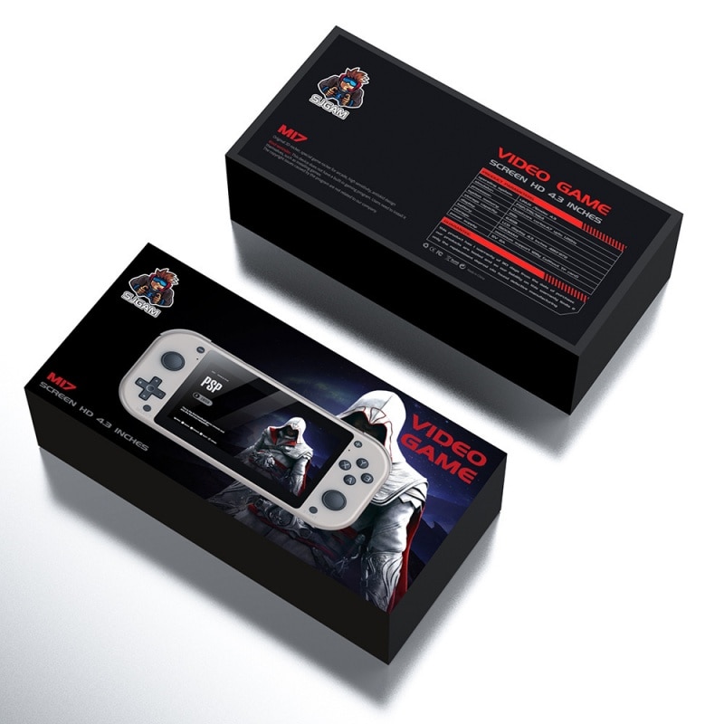 Consola de gaming portabila AjieQaQ®, cu ecran LCD 4.3" 480x272, 64GB, baterie 2000mAh, procesor quad-core Cortex-A7 1.2GHz, sistem Linux/Emelec 4.3, preinstalata cu 25,000 de jocuri clasice si 150 de jocuri PSP, suport carduri TF, port microfon, Gri