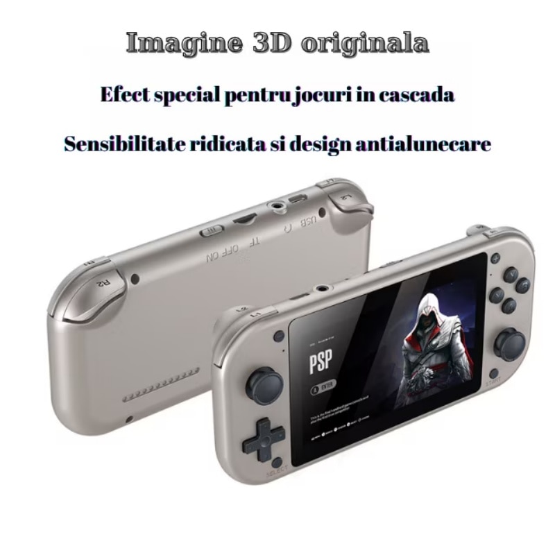 Consola de gaming portabila AjieQaQ®, cu ecran LCD 4.3" 480x272, 64GB, baterie 2000mAh, procesor quad-core Cortex-A7 1.2GHz, sistem Linux/Emelec 4.3, preinstalata cu 25,000 de jocuri clasice si 150 de jocuri PSP, suport carduri TF, port microfon, Gri