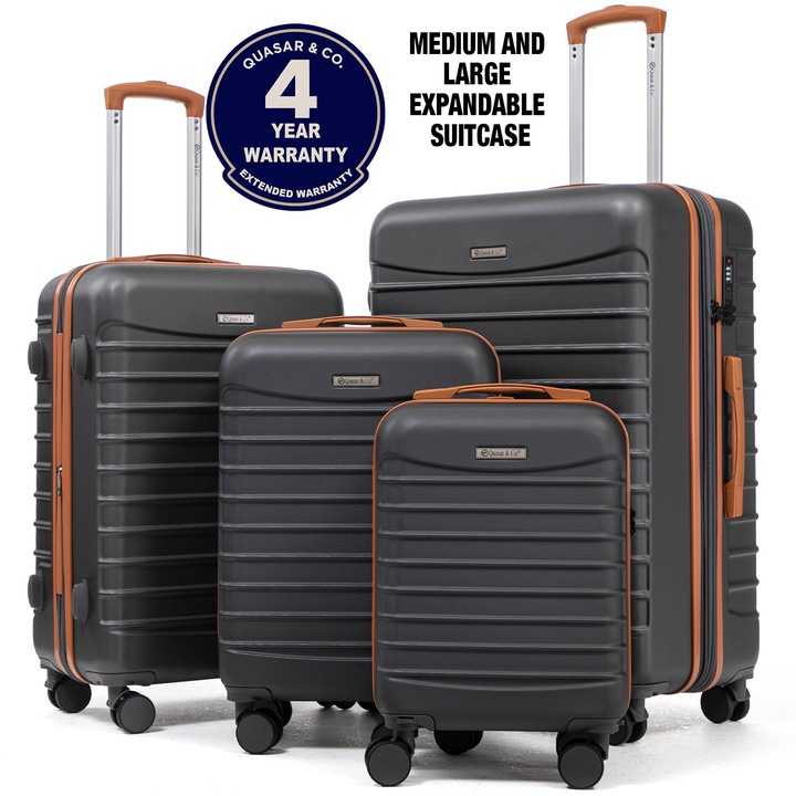 Комплект куфари Quasar & Co., Модел LINE, Размер XS/S/M/L, Цип против кражба, Шифър, Телескопична дръжка, 4 колелца 360°, ABS, Сив/Кафяв, 4 бр