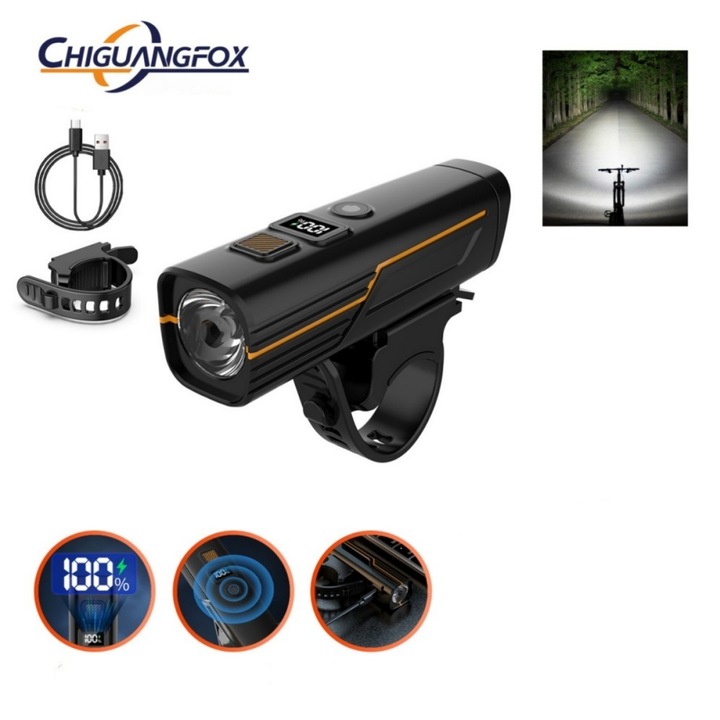 Lampa pentru bicicleta, CHIGUANGFOX, detecteaza inteligent intunericul pentru a se aprinde automat, reglare cu mai multe viteze, indicator al nivelului bateriei, instalare simpla