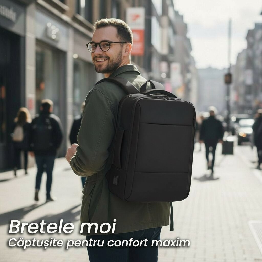 Rucsac pentru laptop/tableta, pana la 16 inch, waterproof, 4 compartimente, port USB, design ergonomic, Negru