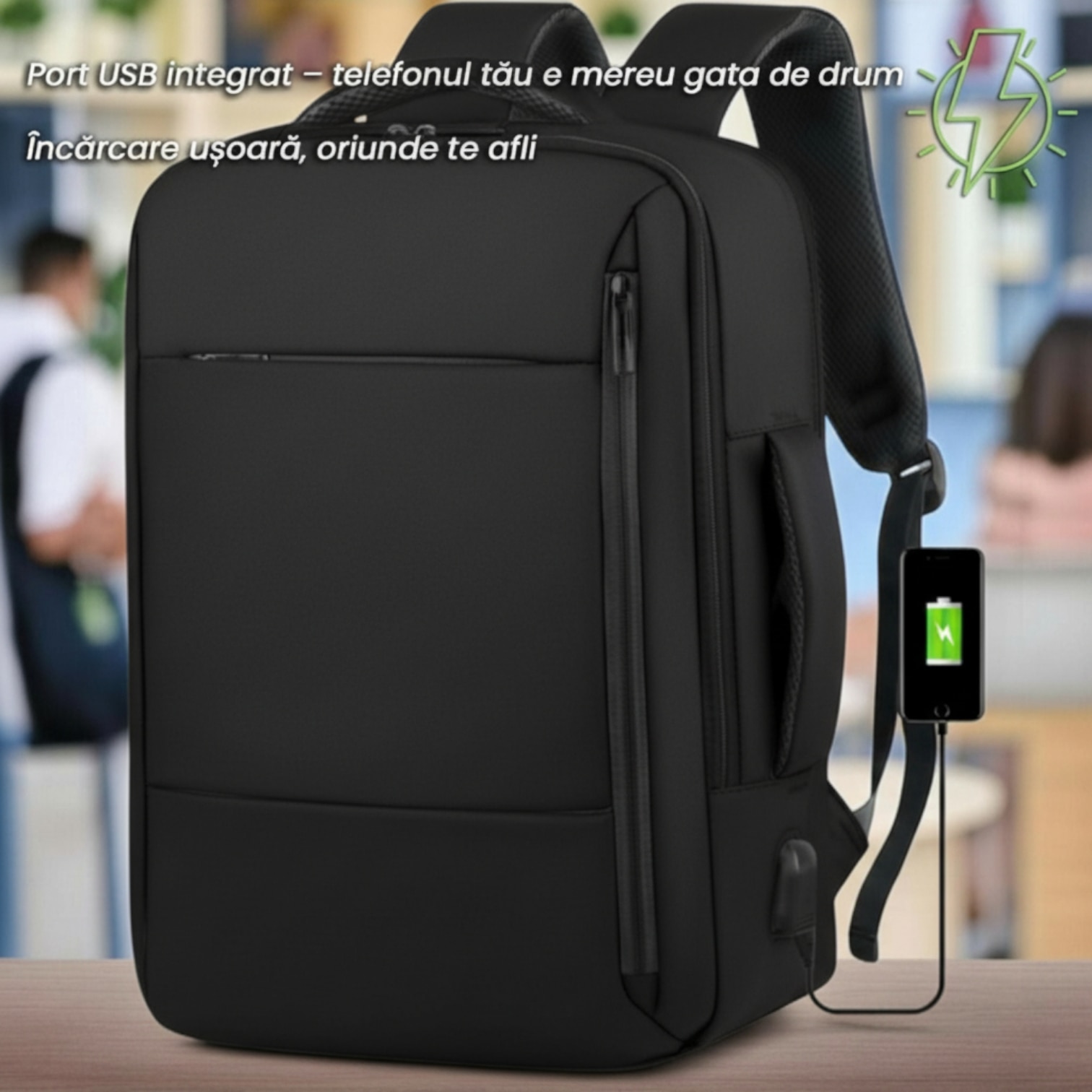 Rucsac pentru laptop/tableta, pana la 16 inch, waterproof, 4 compartimente, port USB, design ergonomic, Negru