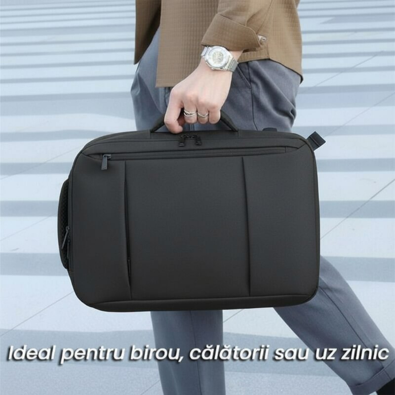 Rucsac pentru laptop/tableta, pana la 16 inch, waterproof, 4 compartimente, port USB, design ergonomic, Negru