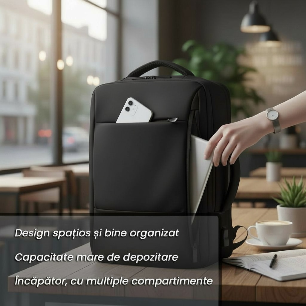Rucsac pentru laptop/tableta, pana la 16 inch, waterproof, 4 compartimente, port USB, design ergonomic, Negru