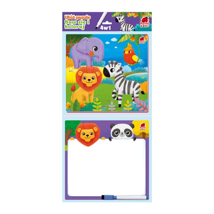 Set educativ 4in1, Roter Kafer, puzzle cu animale africane, colorare, desen, jocuri logice, pentru copii de la 4 ani